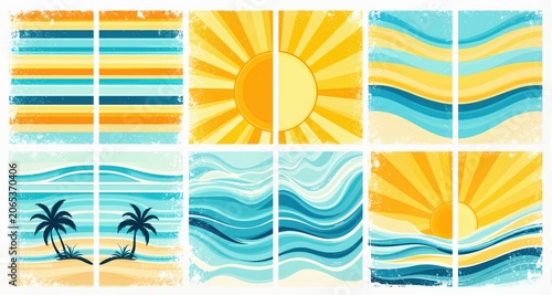 Vector summer posters with grunge textures. Summer striped and wavy patterns, sun, beach.
