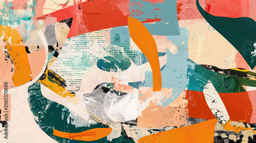 Vibrant abstract composition with colorful geometric shapes, dots, lines and stripes with textured paint brushstrokes background