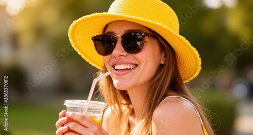 Portrait of a young smiling woman with yellow summer hat and sunglasses holding a drinking cup and paper straw
