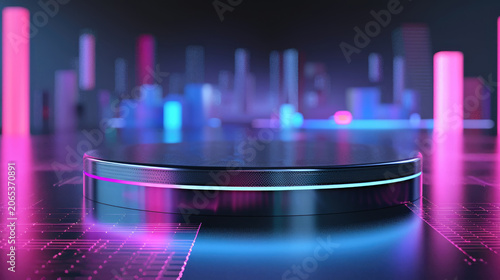 Futuristic neon podium with pink and blue lights on geometric grid against blurred cityscape background