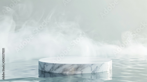 Marble podium with blue water ripples reflection on minimalist background for product display