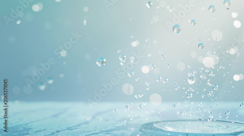 Glass cosmetic podium with water drops on light blue background for product mockup display