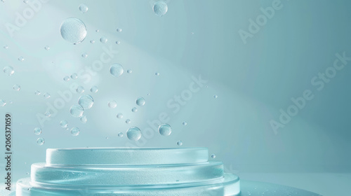 Transparent water bubbles floating over turquoise podium. Cosmetic product display platform background, moisturizing concept