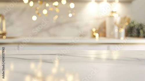 Blurred kitchen counter with golden bokeh lights and bright window background for product placement or showcase