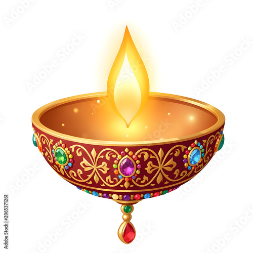 Ornate Jeweled Diwali Diya Illustration with Burning Flame and Golden Patterns