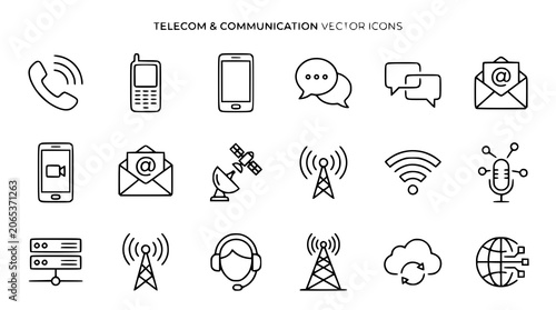 Communications and telecommunications icon set with network and connectivity symbols