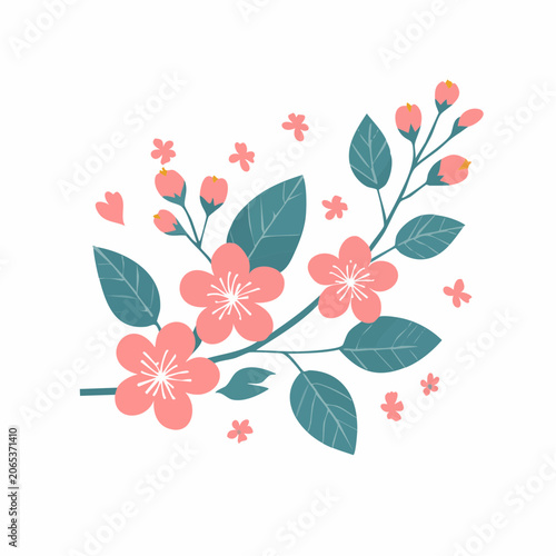 Pink Cherry Blossoms Branch with Leaves