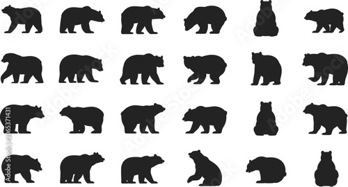 Tableau sur toile Collection of Black Bear Silhouettes in Various Poses on White Background animal