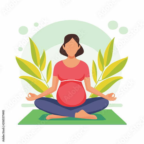 Pregnant Woman Meditating in Lotus Pose with Greenery