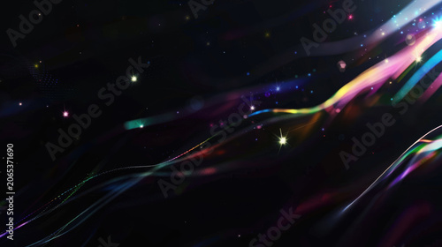 Dynamic colorful abstract waves with stars on dark cosmic background, space wallpaper with northern lights effect