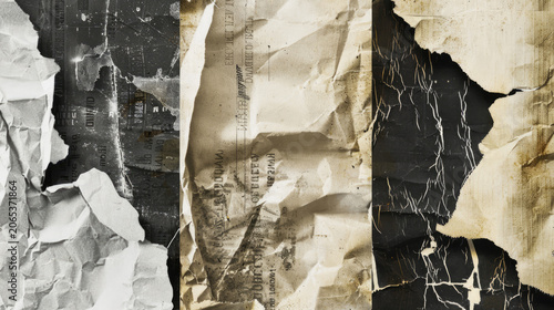 Close up of old weathered wall with torn and peeling vintage newspaper layers texture background