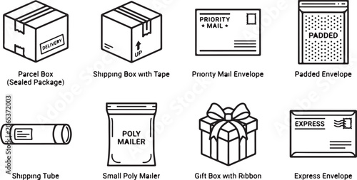 Obraz na plátně Shipping and delivery icons set for package parcel postal mail box envelope and gift box with ribbon