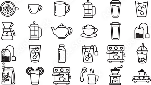 Bild auf Leinwand Hot beverages and drinks icons for coffee tea espresso latte cappuccino and bubble tea in cups