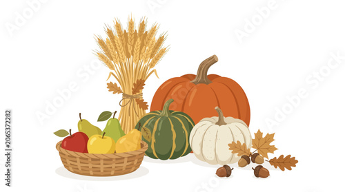Fall Harvest Collection with Pumpkins, Fruit, and Wheat