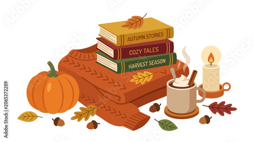Cozy Fall Reading Illustration with Books, Pumpkin, Sweater, and Hot Drink
