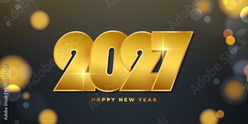 2027 Happy New Year holiday banner. Gold color. New Year 2027 numbers. Bokeh light effect. Vector illustration.	