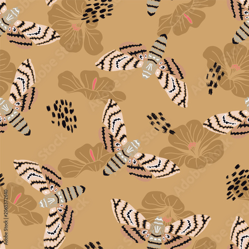 Mustard Night Moths Vector Seamless Pattern
