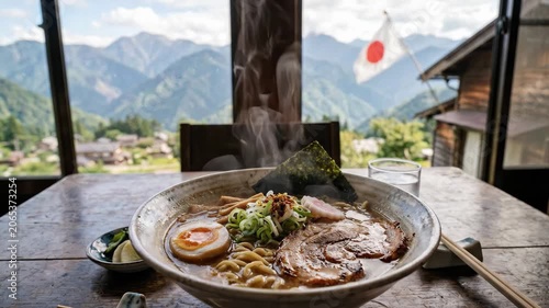 Close up steaming ramen bowl served wooden table with mountain landscape and Japanese flag background. Warm steam rising from freshly prepared noodles in traditional Japanese setting.