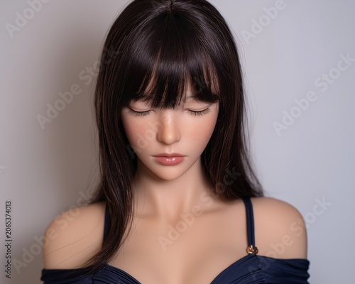 Serene Brunette Woman Portrait with Closed Eyes and Soft Studio Lighting