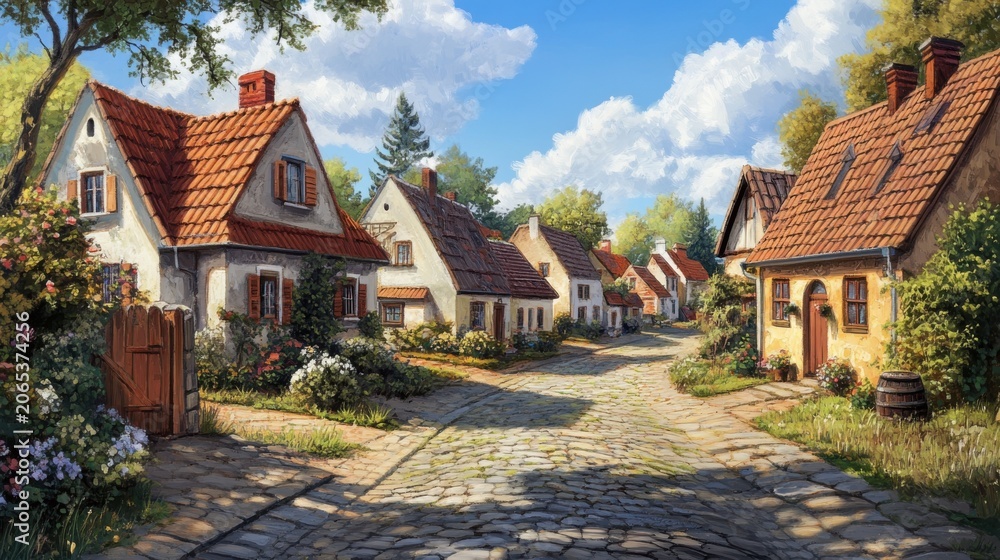 Obraz premium Charming European village with cobblestone streets and quaint cottages