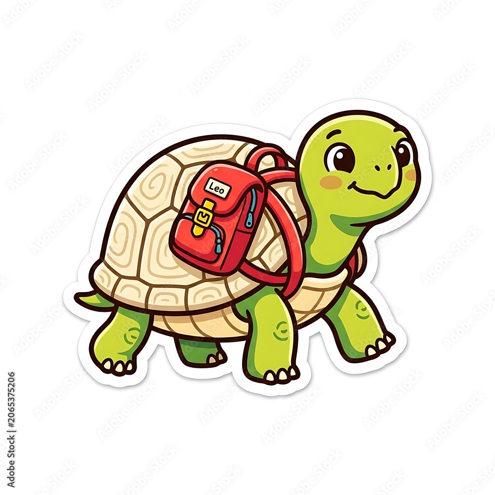 Obraz premium Cute Cartoon Turtle Wearing Red School Backpack Sticker Illustration