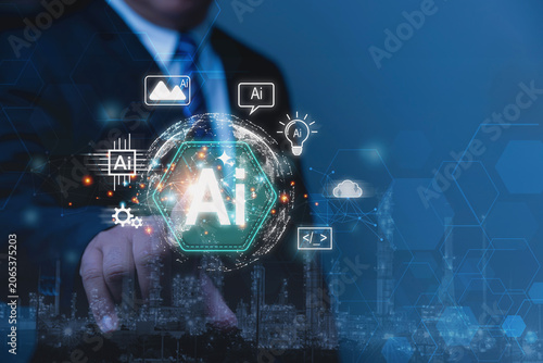 Businessman interacting with an AI-powered industrial automation and Smart Manufacturing Interface.