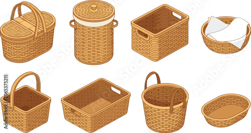 Fotografía Wicker basket vector collection featuring isolated isometric rattan storage boxe