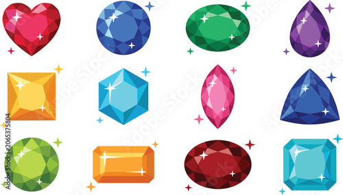 Schilderij op canvas Shiny cartoon gemstones and crystals vector collection featuring colorful precio