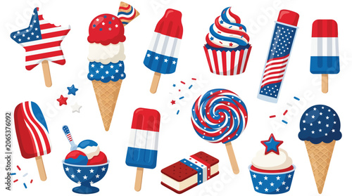 Patriotic 4th of July dessert vector set, red white and blue ice cream and popsicles, American flag themed summer treats collection