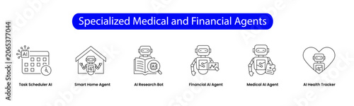 Specialized Medical and Financial Agents. Icons included: Financial AI Agent, Medical AI Agent, AI Health Tracker, AI Research Bot, Task Scheduler AI, Smart Home Agent.
