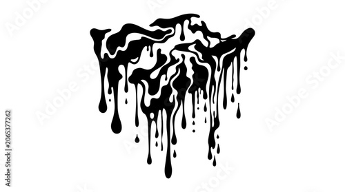 Black liquid dripping down surface.