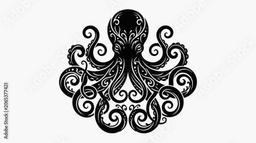 Detailed black octopus with tentacles.