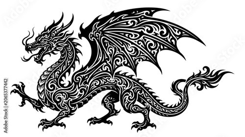 Detailed dragon with ornate design.