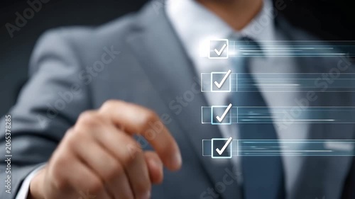 Businessman interacts with digital checklist in office environment during workflow process