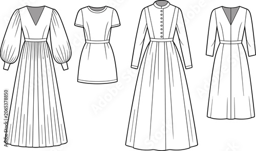 Tableau sur toile Collection of four flat sketch female dresses with various sleeve lengths neckli