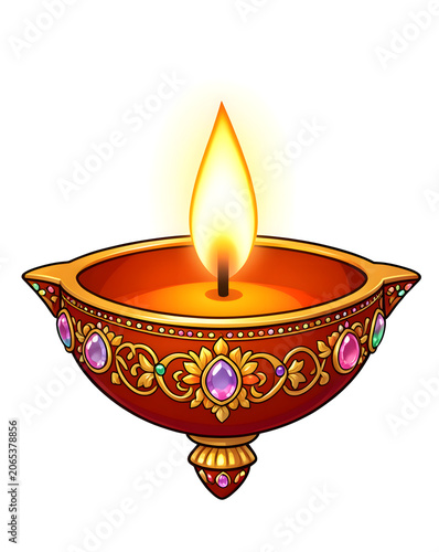 Ornate Jeweled Diwali Diya Illustration with Golden Filigree and Burning Flame