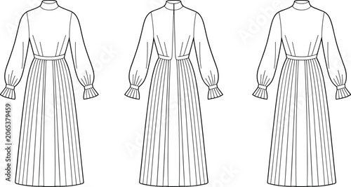 Fotografia Collection of three flat sketch female long dresses with mock neck and bishop sl