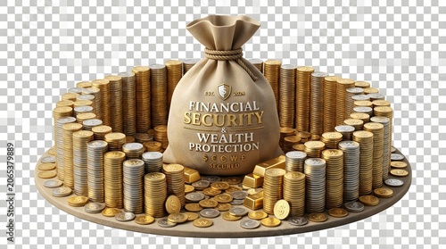 Financial Security and Wealth Protection Concept Featuring a Large Money Bag Surrounded by Stacks of Golden Coins and Currency