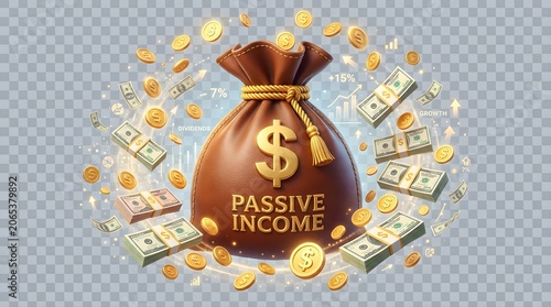 Passive Income Conceptual Illustration Featuring a Golden Money Bag Surrounded by Flying Banknotes and Gold Coins for Financial Success