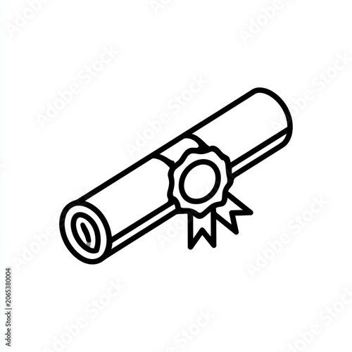 Graduation Certificate Scroll: A classic black and white line drawing depicts a rolled graduation certificate, adorned with a ribbon and a seal.