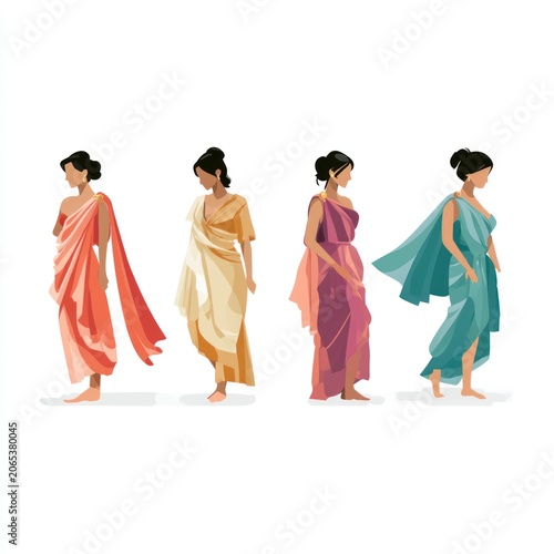 Ancient Greek Woman Costume: Four women in elegant, draped tunics reminiscent of ancient Greek fashion stand in profile, showcasing distinct colors and styles.