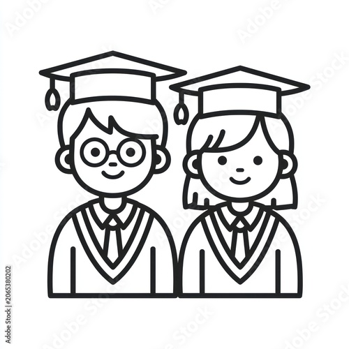 Graduation Joy: A smiling boy wearing glasses and a girl in graduation caps and gowns, symbolizing the achievement of academic success and the beginning of a new chapter.