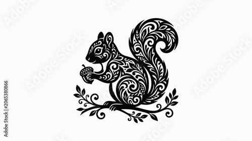 Ornate black squirrel illustration design.