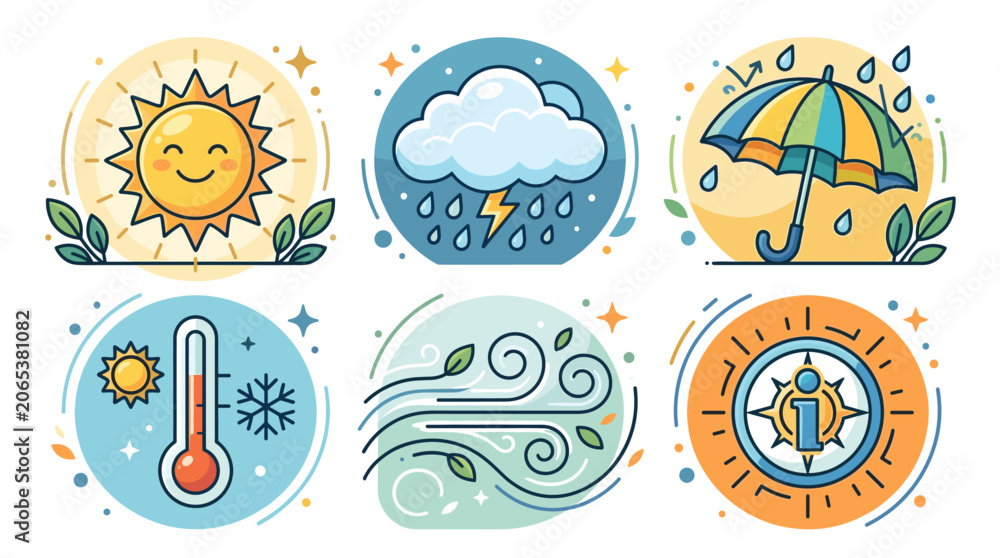 Fototapeta premium Weather icons flat design vector illustration set
