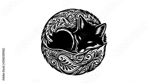 Sleeping Black Cat in Circle.