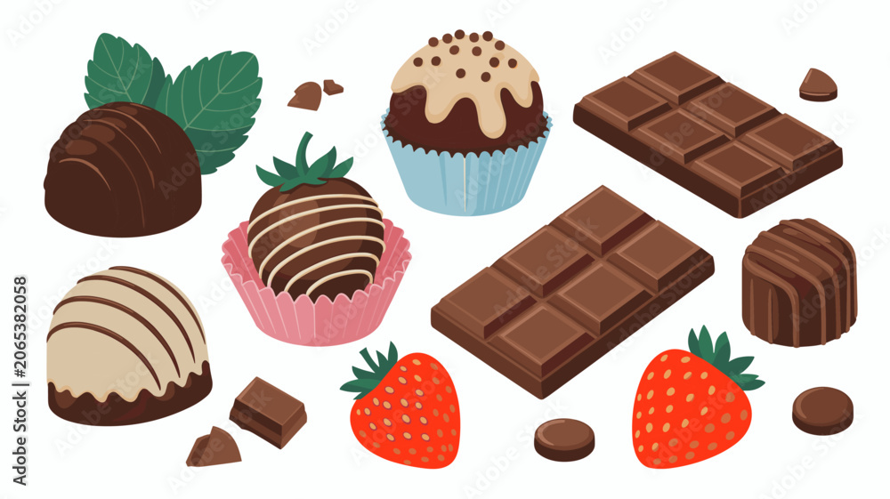 Αυτοκόλλητο Chocolates and Strawberries Delights: A delectable assortment of rich chocolate confections and vibrant strawberries, showcasing the sweet harmony of flavors and textures