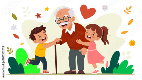 Slika na platnu Grandfather Embraces Grandchildren: A heartwarming illustration depicts a happy grandfather, leaning on his cane