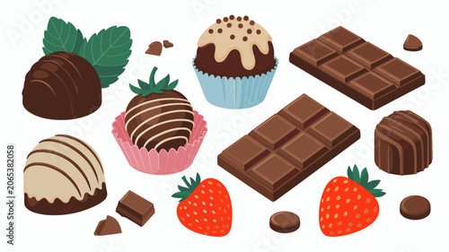 Fotografija Chocolates and Strawberries Delights: A delectable assortment of rich chocolate confections and vibrant strawberries, showcasing the sweet harmony of flavors and textures