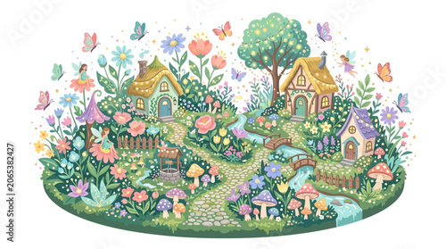 Magical fairy garden with whimsical houses, flowers, and butterflies