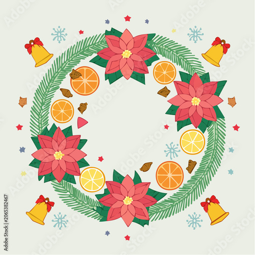 Christmas Wreath with Poinsettias, Oranges, and Bells